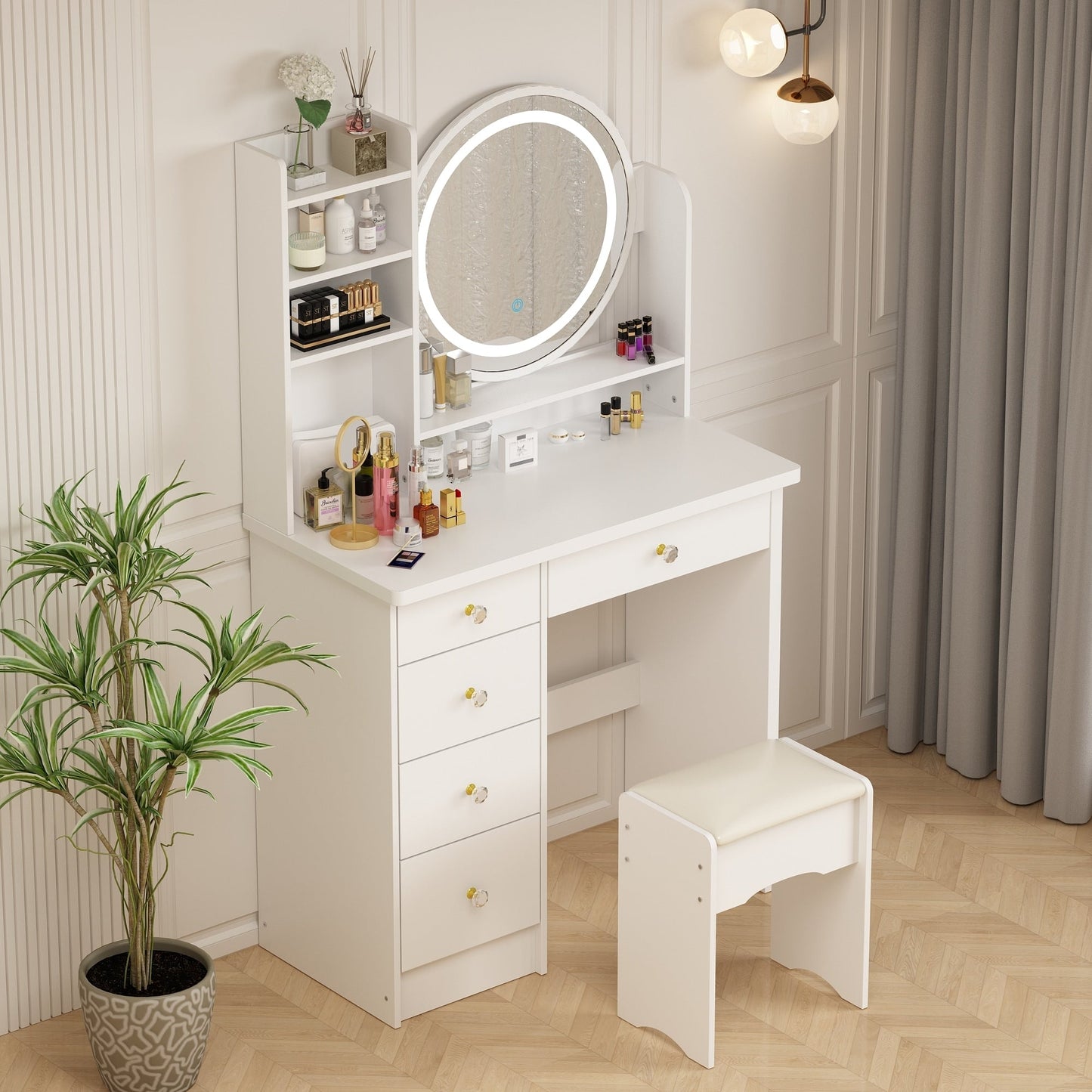Ensemble coiffeuse avec miroir à écran tactile et tabouret