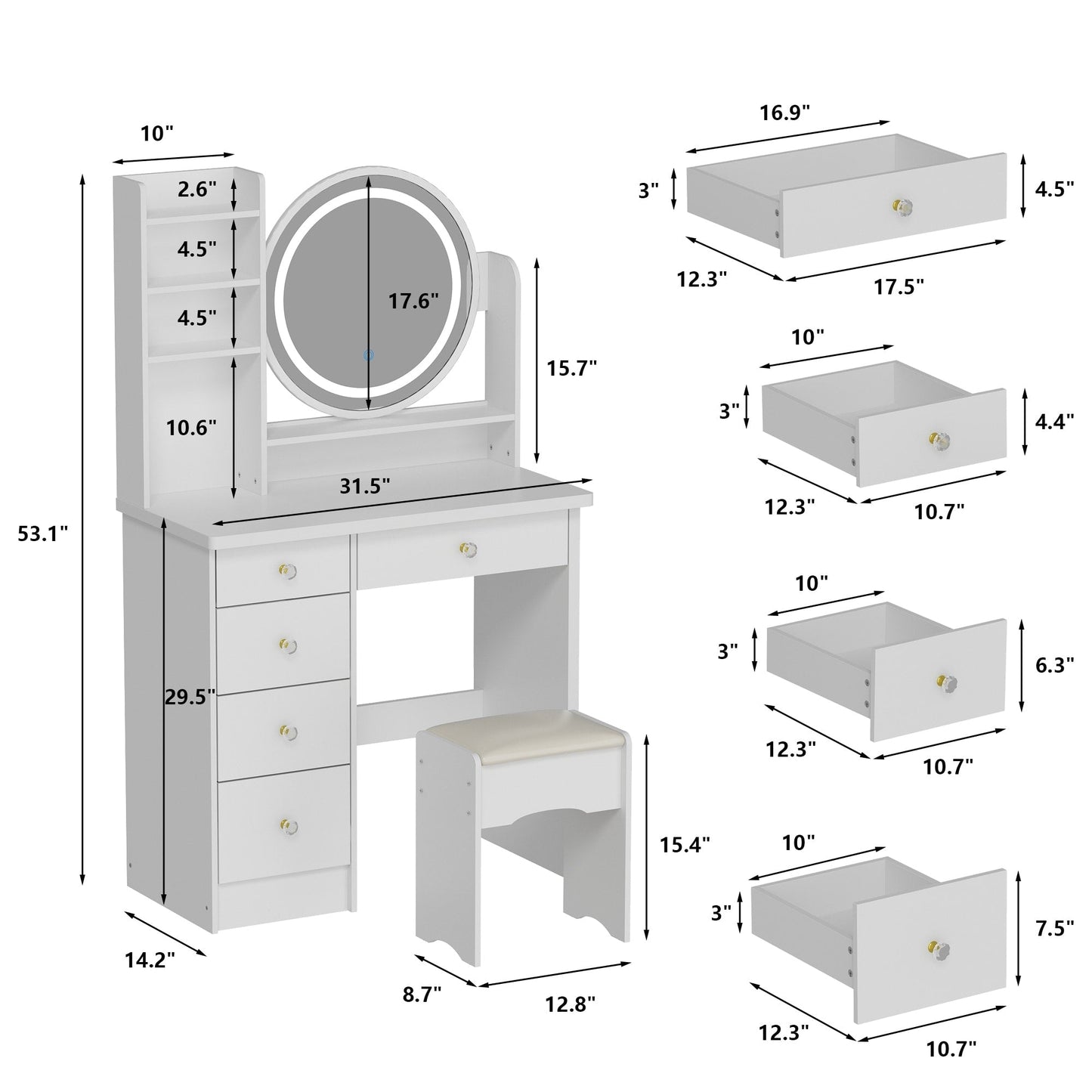 Ensemble coiffeuse avec miroir à écran tactile et tabouret