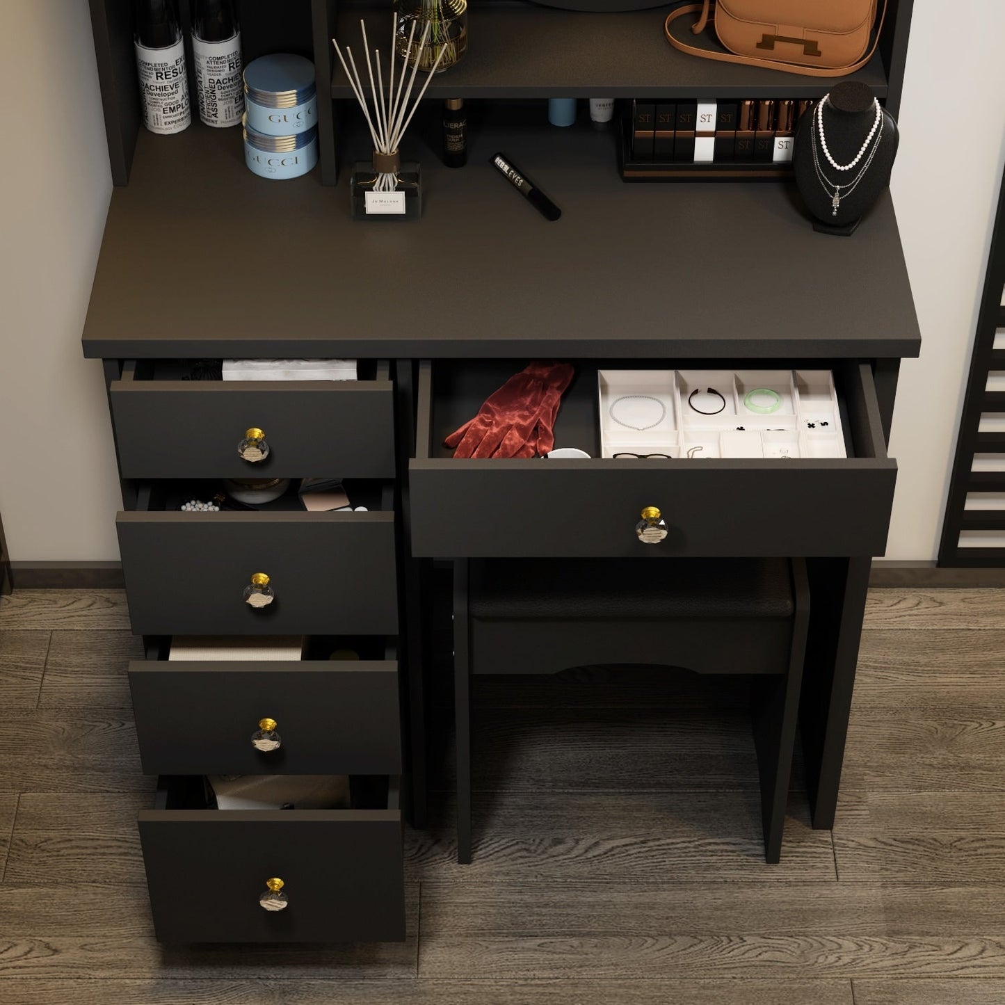 Ensemble coiffeuse avec miroir à écran tactile et tabouret