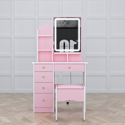 Table de maquillage avec miroir et tabouret à éclairage LED