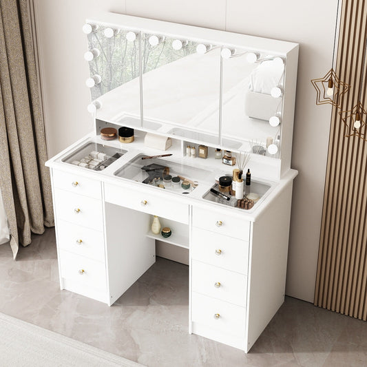 Coiffeuse avec miroir à trois volets, éclairage certifié et plateau en verre.