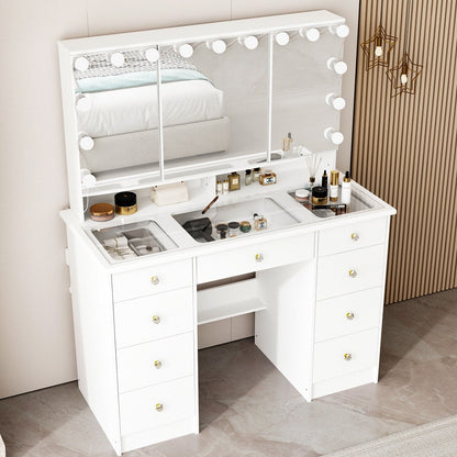 Coiffeuse avec miroir à trois volets, éclairage certifié et plateau en verre.