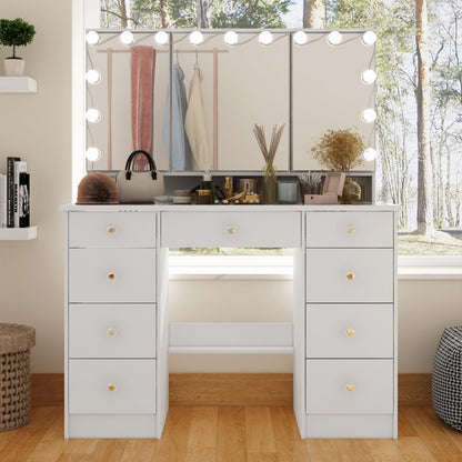 Coiffeuse avec miroir à trois volets, éclairage certifié et plateau en verre.