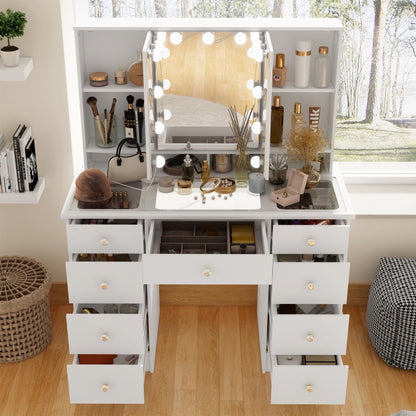Coiffeuse avec miroir à trois volets, éclairage certifié et plateau en verre.