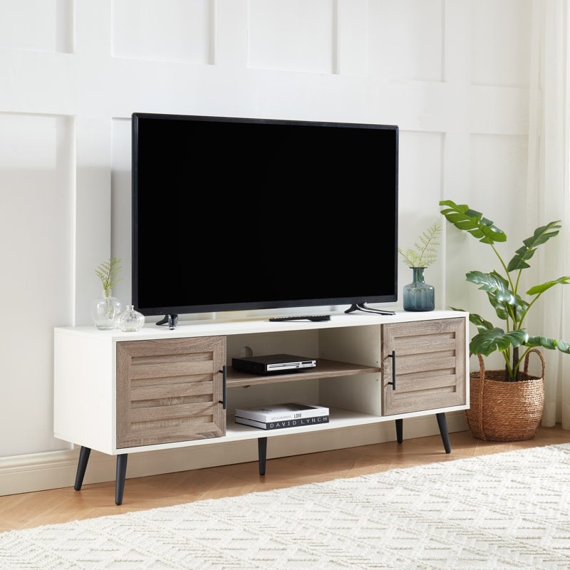 Meuble TV style Mid-Century Modern pour téléviseurs jusqu'à 70 pouces, meuble multimédia - 52 cm (H) x 150 cm (L) x 39 cm (P)