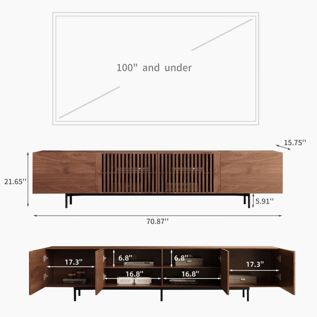 Meuble TV style Mid-Century Modern avec 4 portes et rangements, compatible avec les télévisions jusqu'à 100 pouces, meuble de salon multimédia.