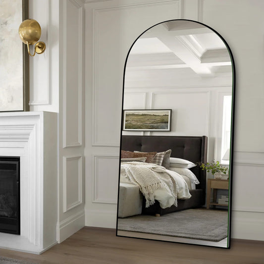 Grand miroir mural en bois avec arche moderne, miroir de sol à hauteur de la taille