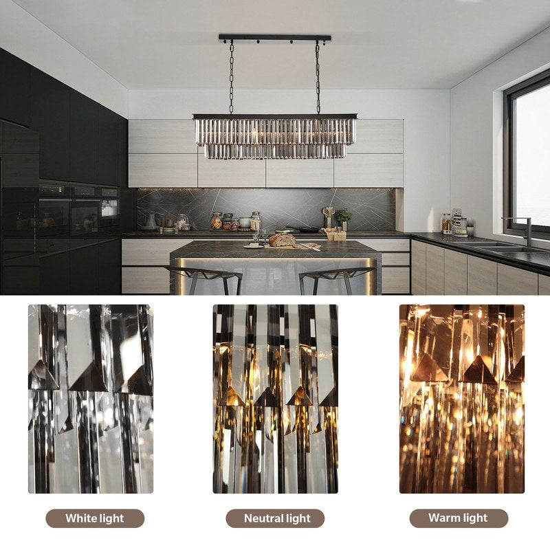 Luminaire suspendu à 2 niveaux pour îlot de cuisine, style moderne et contemporain, avec cristaux, gris fumé et noir, 47 po. Idéal pour salle à manger.