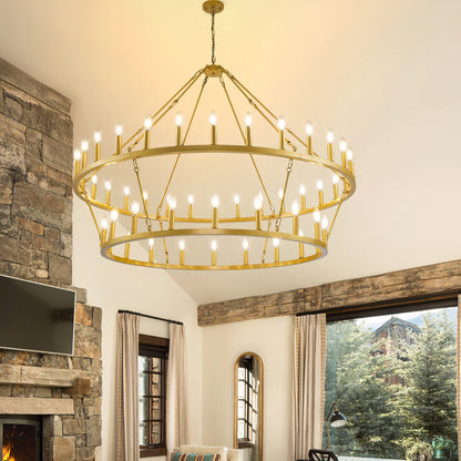 Luminaire moderne de style farmhouse, lustre à 2 niveaux en forme de roue de charrette, grand luminaire pour plafond haut.