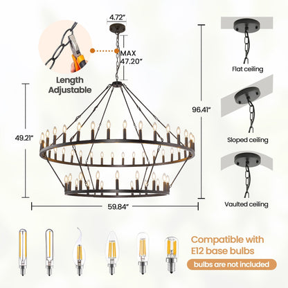 Luminaire moderne de style farmhouse, lustre à 2 niveaux en forme de roue de charrette, grand luminaire pour plafond haut.