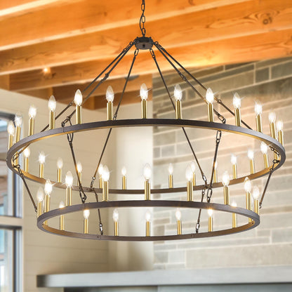 Luminaire moderne de style farmhouse, lustre à 2 niveaux en forme de roue de charrette, grand luminaire pour plafond haut.