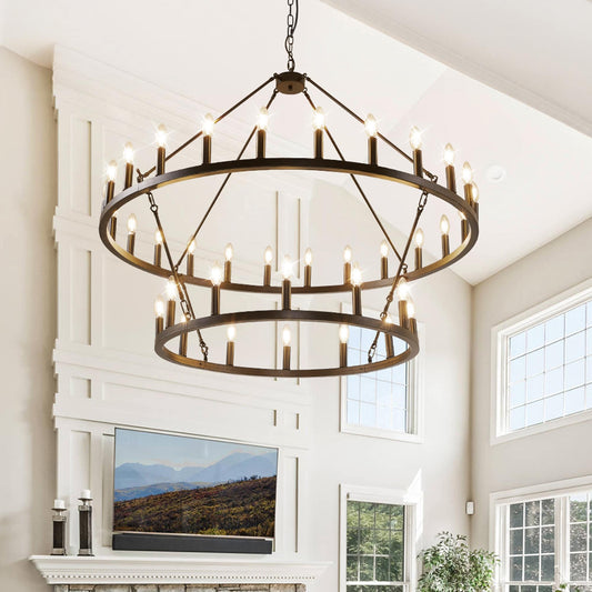 Luminaire moderne de style farmhouse, lustre à 2 niveaux en forme de roue de charrette, grand luminaire pour plafond haut.