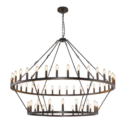 Luminaire moderne de style farmhouse, lustre à 2 niveaux en forme de roue de charrette, grand luminaire pour plafond haut.
