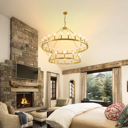 Luminaire moderne de style farmhouse, lustre à 2 niveaux en forme de roue de charrette, grand luminaire pour plafond haut.