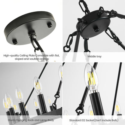 Luminaire moderne de style farmhouse, lustre à 2 niveaux en forme de roue de charrette, grand luminaire pour plafond haut.