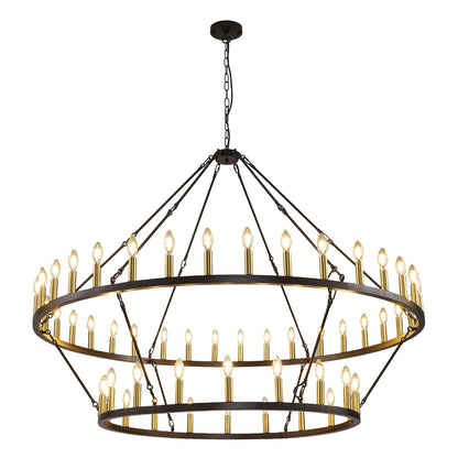 Luminaire moderne de style farmhouse, lustre à 2 niveaux en forme de roue de charrette, grand luminaire pour plafond haut.
