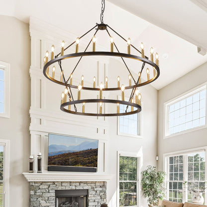 Luminaire moderne de style farmhouse, lustre à 2 niveaux en forme de roue de charrette, grand luminaire pour plafond haut.