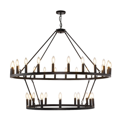 Luminaire moderne de style farmhouse, lustre à 2 niveaux en forme de roue de charrette, grand luminaire pour plafond haut.