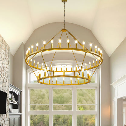 Luminaire moderne de style farmhouse, lustre à 2 niveaux en forme de roue de charrette, grand luminaire pour plafond haut.