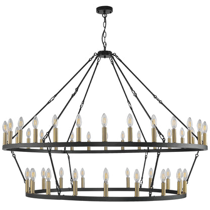 Luminaire moderne de style farmhouse, lustre à 2 niveaux en forme de roue de charrette, grand luminaire pour plafond haut.