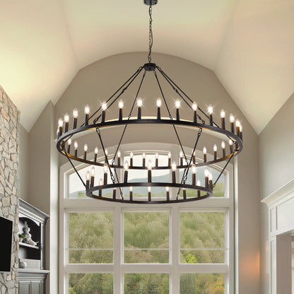 Luminaire moderne de style farmhouse, lustre à 2 niveaux en forme de roue de charrette, grand luminaire pour plafond haut.