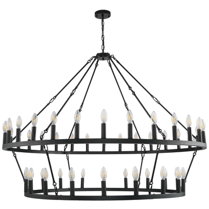 Luminaire moderne de style farmhouse, lustre à 2 niveaux en forme de roue de charrette, grand luminaire pour plafond haut.