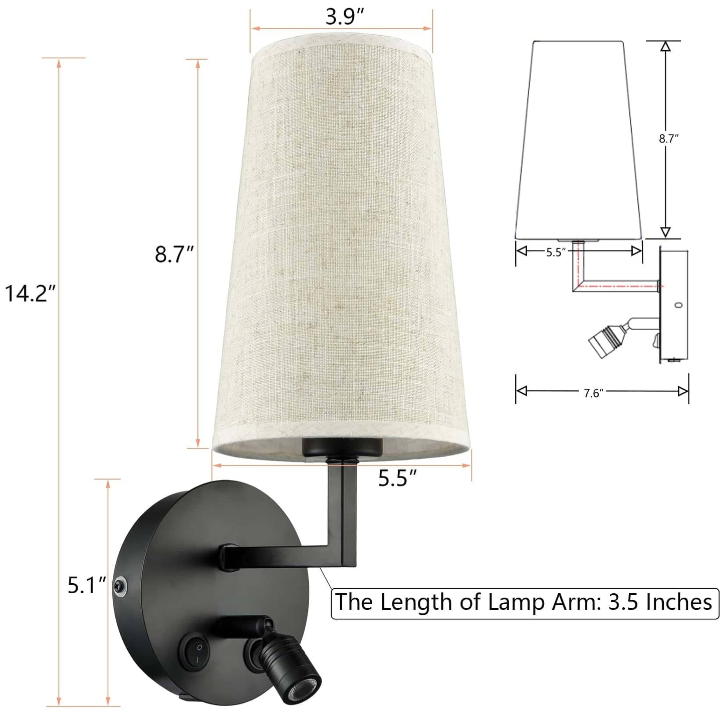 Ensemble de 2 appliques murales Morbihan, lampe murale en tissu avec port USB et interrupteur