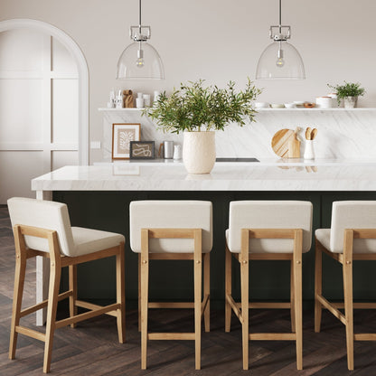 Tabouret de bar moderne Gracie, chaise rembourrée en bouclé et pieds en bois brossé