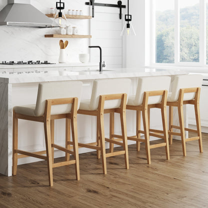Tabouret de bar moderne Gracie, chaise rembourrée en bouclé et pieds en bois brossé
