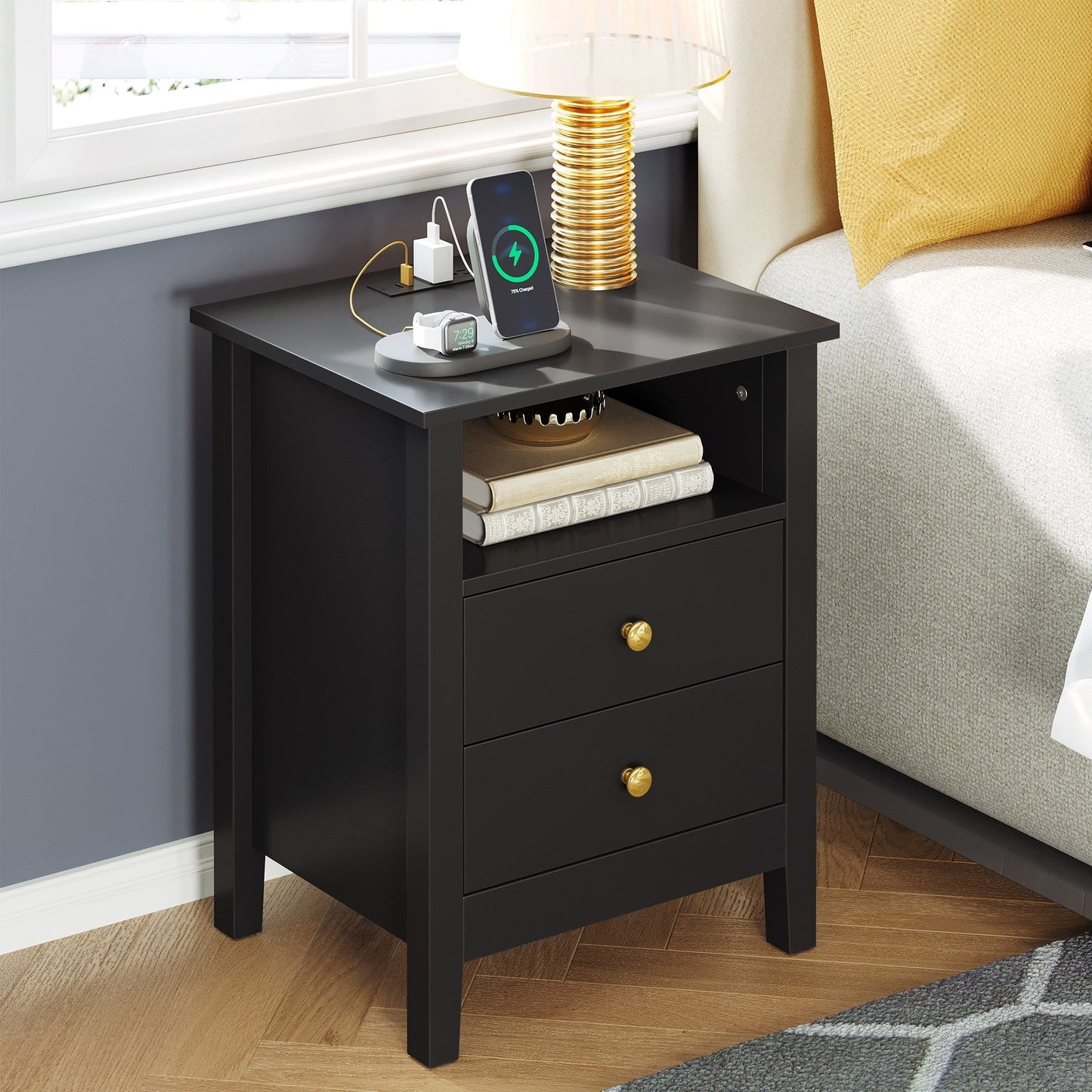 Ensemble de 2 tables de chevet avec station de recharge, table d'appoint avec 2 tiroirs, ports USB et prises, pour lit.
