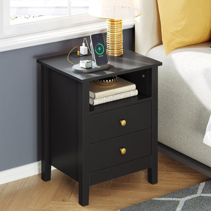 Ensemble de 2 tables de chevet avec station de recharge, table d'appoint avec 2 tiroirs, ports USB et prises, pour lit.