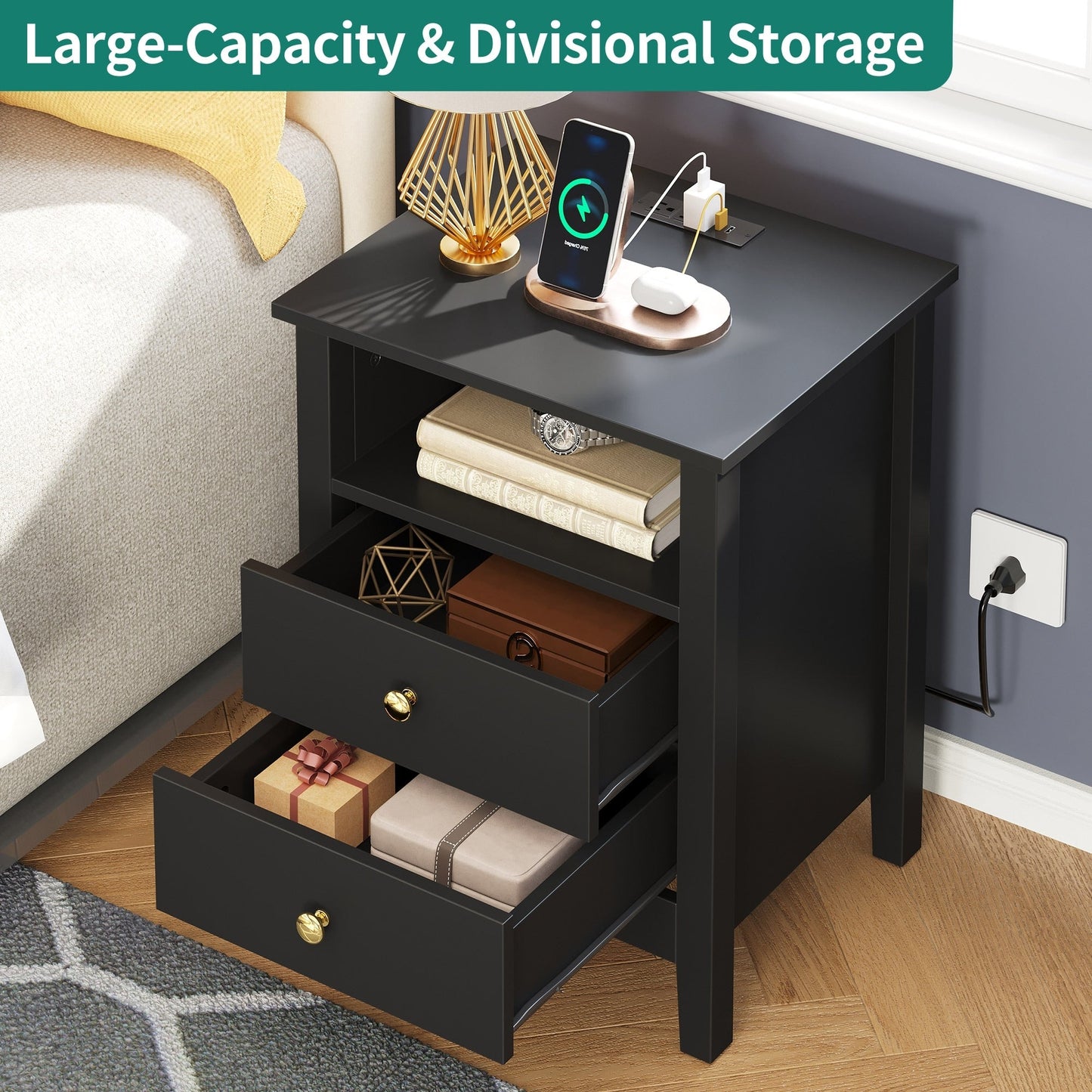 Ensemble de 2 tables de chevet avec station de recharge, table d'appoint avec 2 tiroirs, ports USB et prises, pour lit.