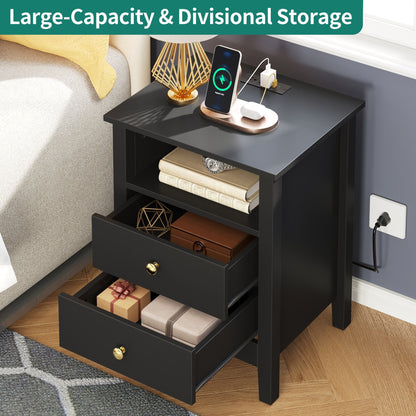 Ensemble de 2 tables de chevet avec station de recharge, table d'appoint avec 2 tiroirs, ports USB et prises, pour lit.
