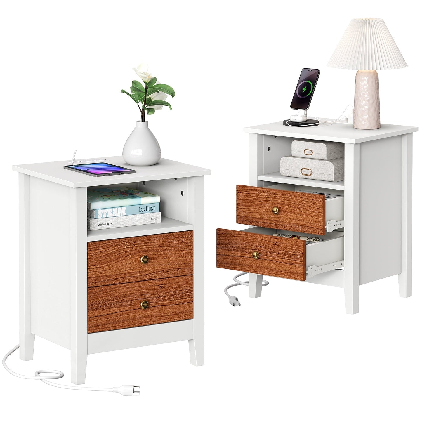 Ensemble de 2 tables de chevet avec station de recharge, table d'appoint avec 2 tiroirs, ports USB et prises, pour lit.