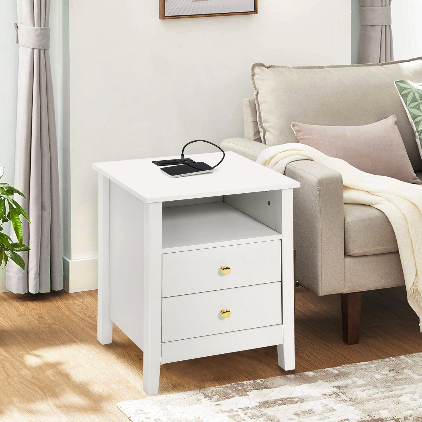 Ensemble de 2 tables de chevet avec station de recharge, table d'appoint avec 2 tiroirs, ports USB et prises, pour lit.