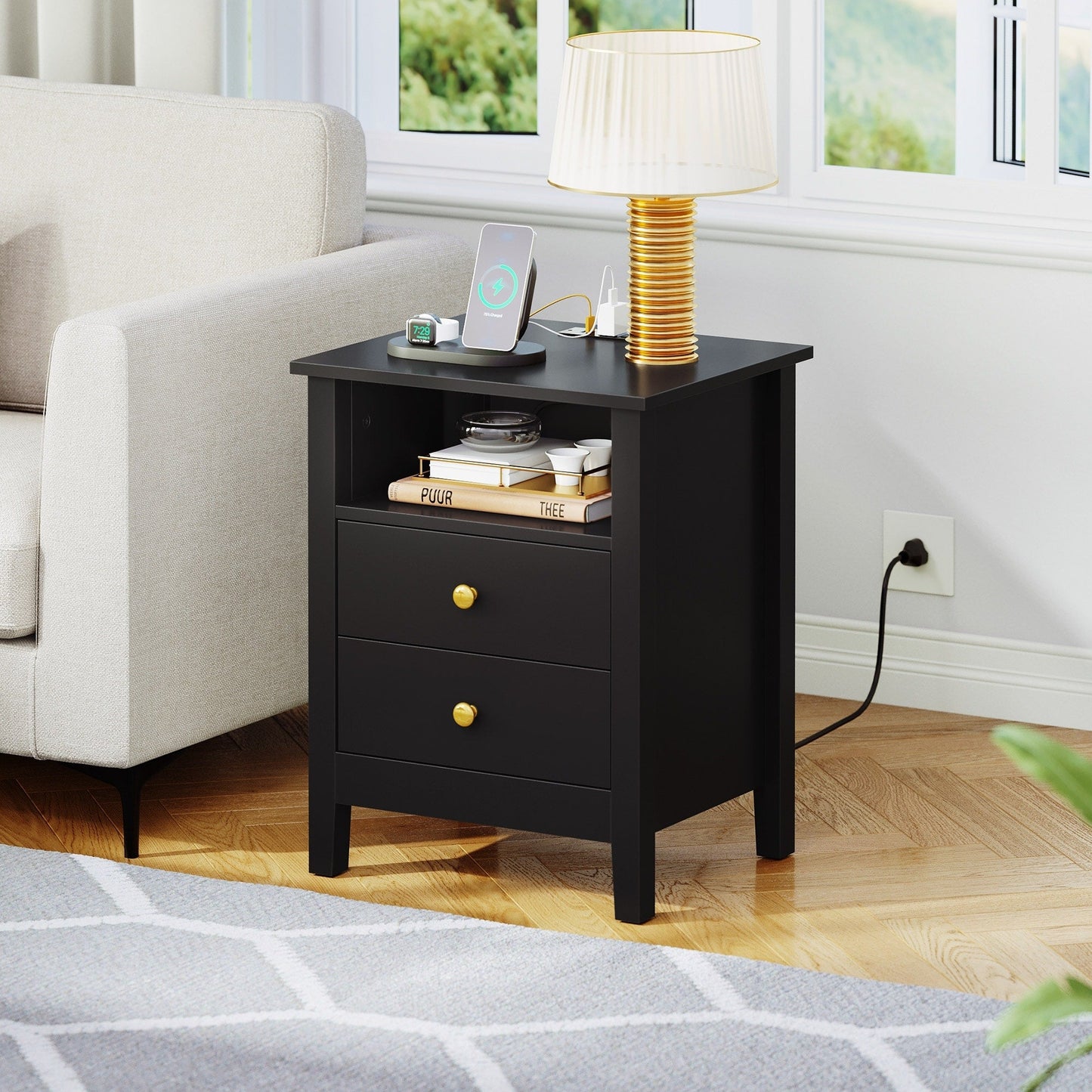 Ensemble de 2 tables de chevet avec station de recharge, table d'appoint avec 2 tiroirs, ports USB et prises, pour lit.