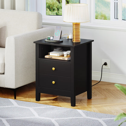 Ensemble de 2 tables de chevet avec station de recharge, table d'appoint avec 2 tiroirs, ports USB et prises, pour lit.