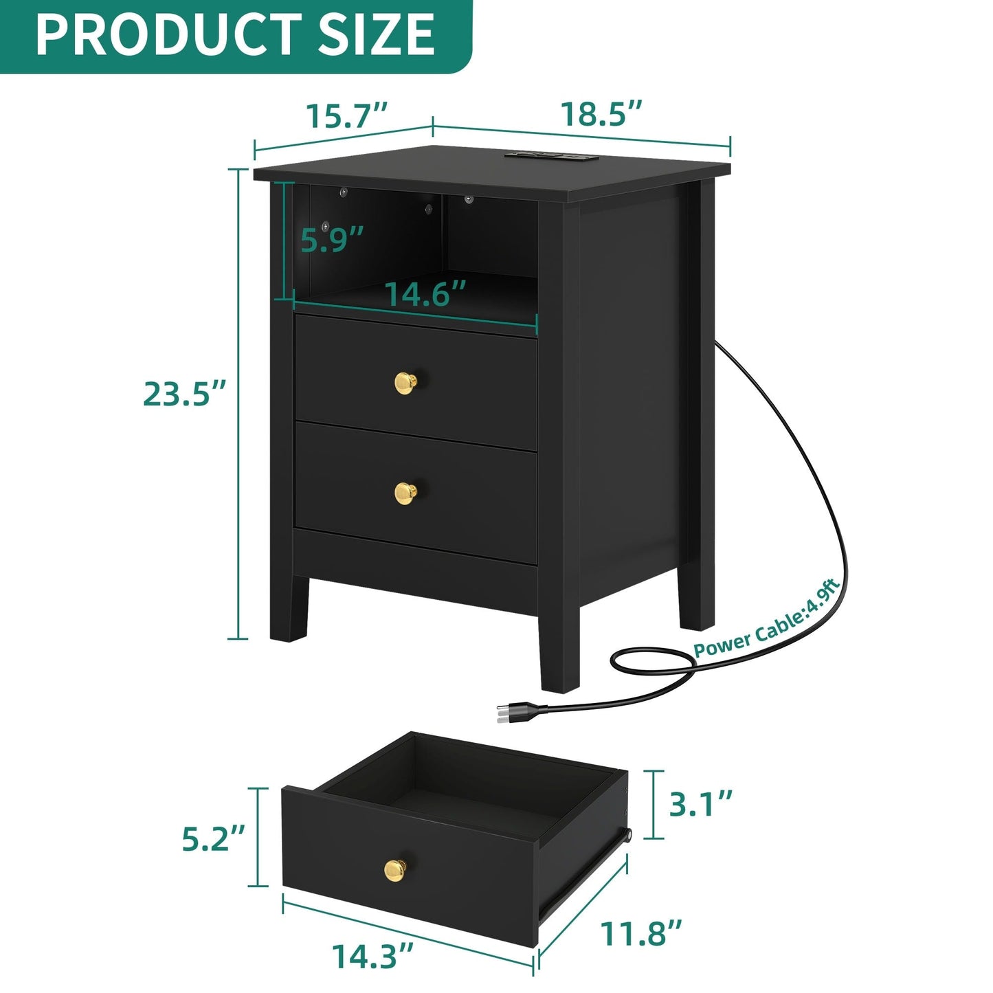 Ensemble de 2 tables de chevet avec station de recharge, table d'appoint avec 2 tiroirs, ports USB et prises, pour lit.