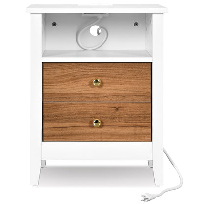 Ensemble de 2 tables de chevet avec station de recharge, table d'appoint avec 2 tiroirs, ports USB et prises, pour lit.