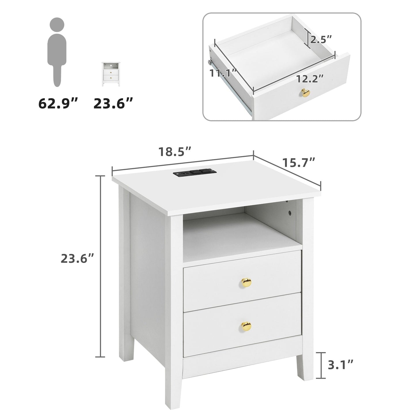 Ensemble de 2 tables de chevet avec station de recharge, table d'appoint avec 2 tiroirs, ports USB et prises, pour lit.
