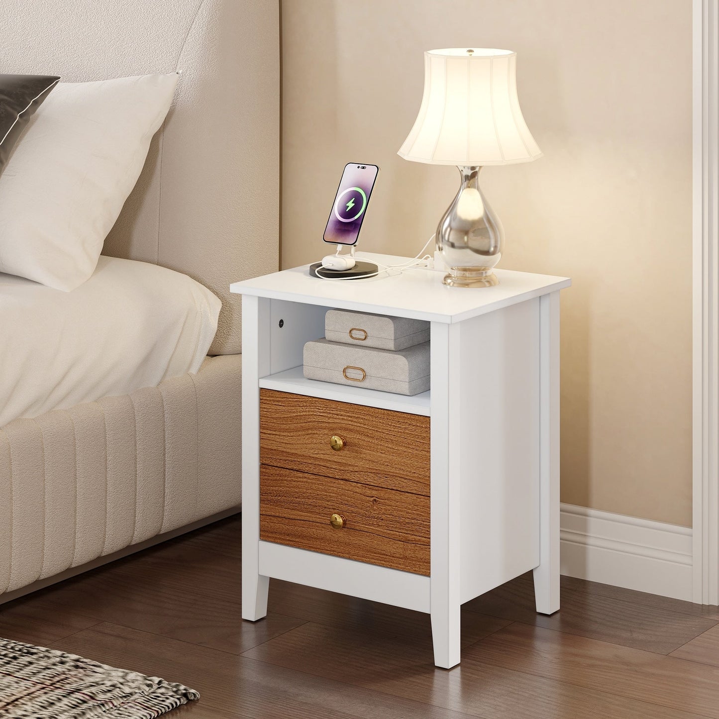 Ensemble de 2 tables de chevet avec station de recharge, table d'appoint avec 2 tiroirs, ports USB et prises, pour lit.