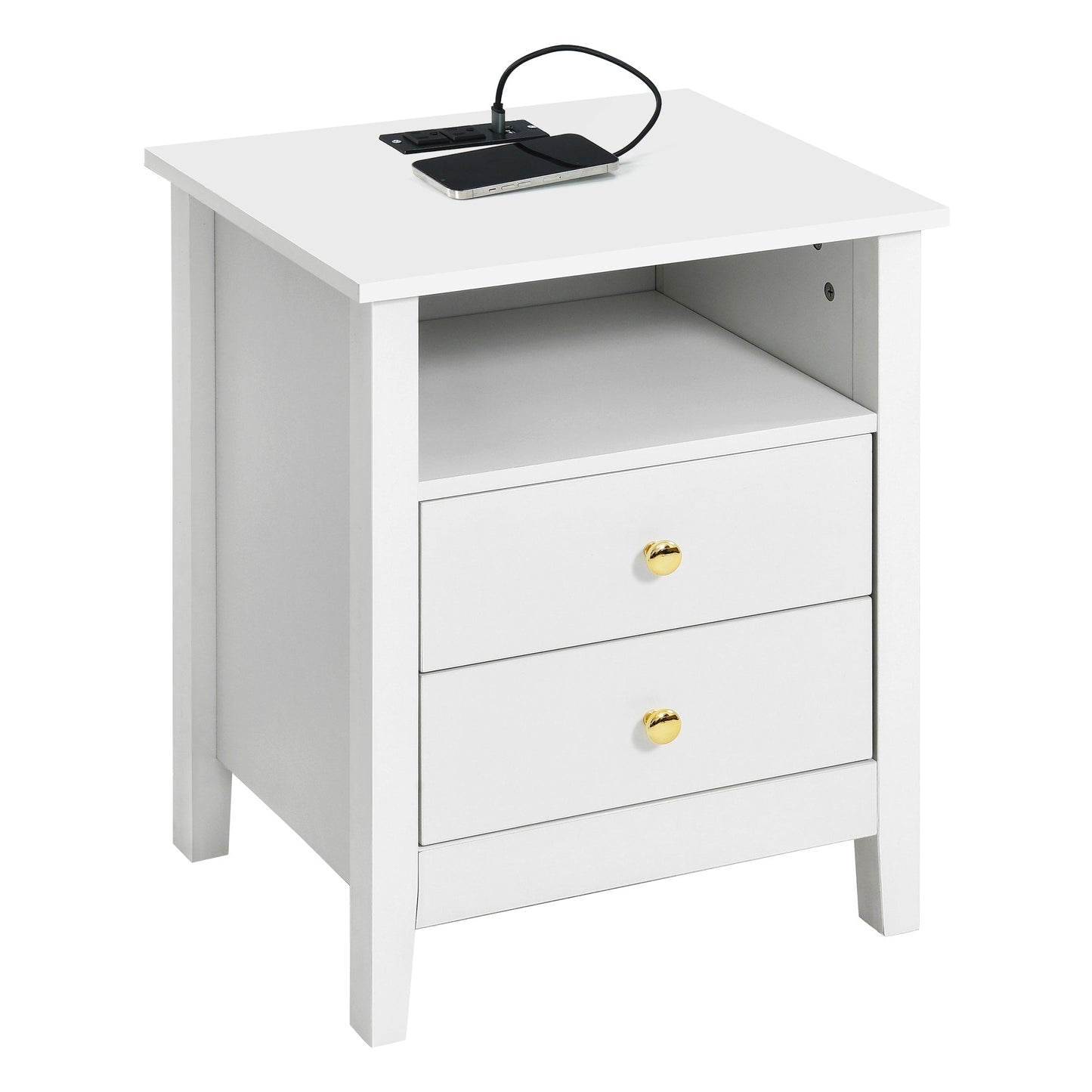 Ensemble de 2 tables de chevet avec station de recharge, table d'appoint avec 2 tiroirs, ports USB et prises, pour lit.