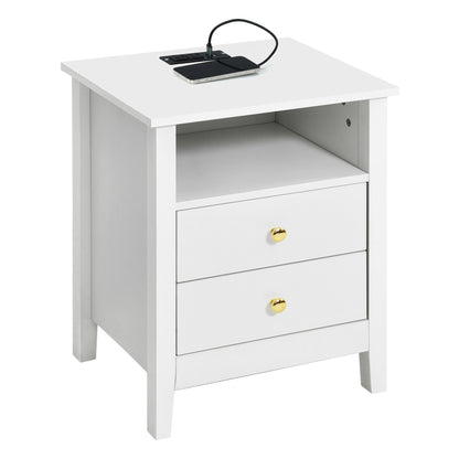 Ensemble de 2 tables de chevet avec station de recharge, table d'appoint avec 2 tiroirs, ports USB et prises, pour lit.