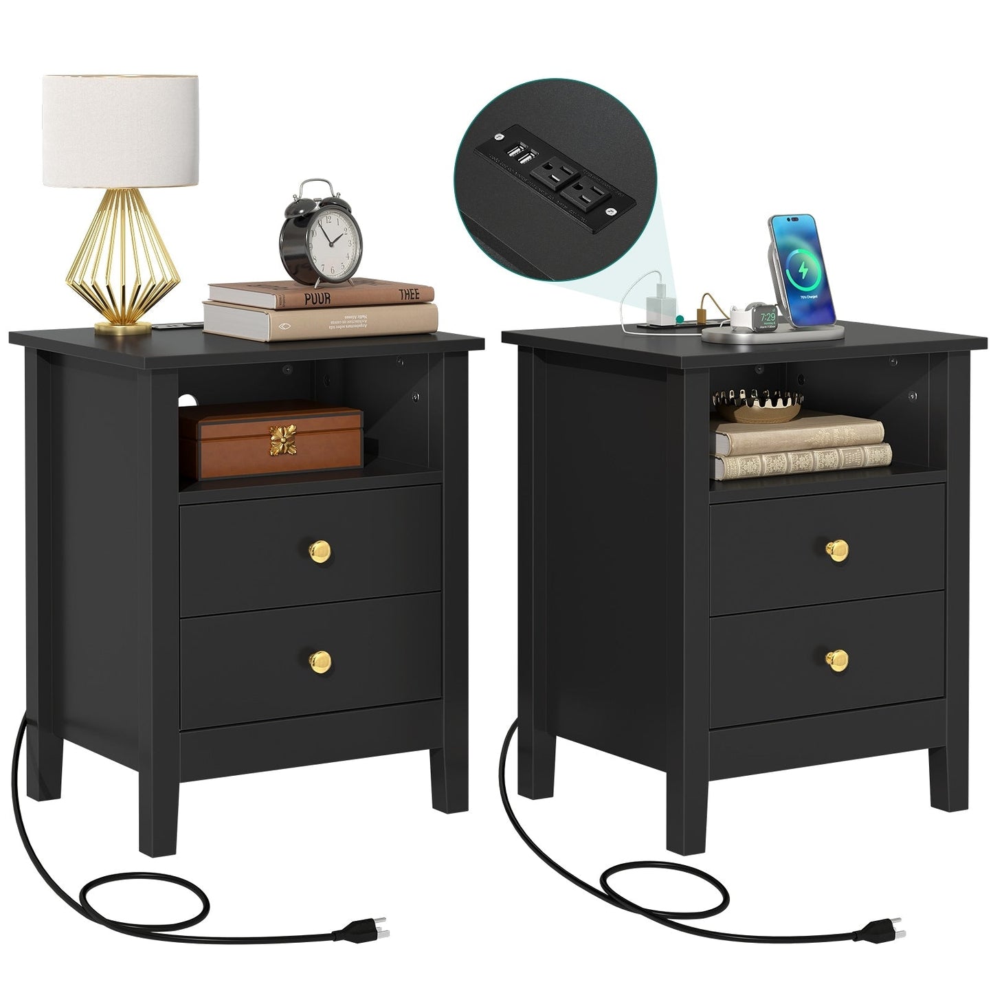 Ensemble de 2 tables de chevet avec station de recharge, table d'appoint avec 2 tiroirs, ports USB et prises, pour lit.