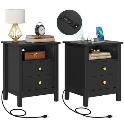 Ensemble de 2 tables de chevet avec station de recharge, table d'appoint avec 2 tiroirs, ports USB et prises, pour lit.