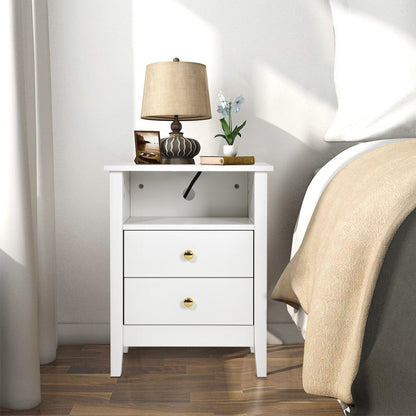 Ensemble de 2 tables de chevet avec station de recharge, table d'appoint avec 2 tiroirs, ports USB et prises, pour lit.