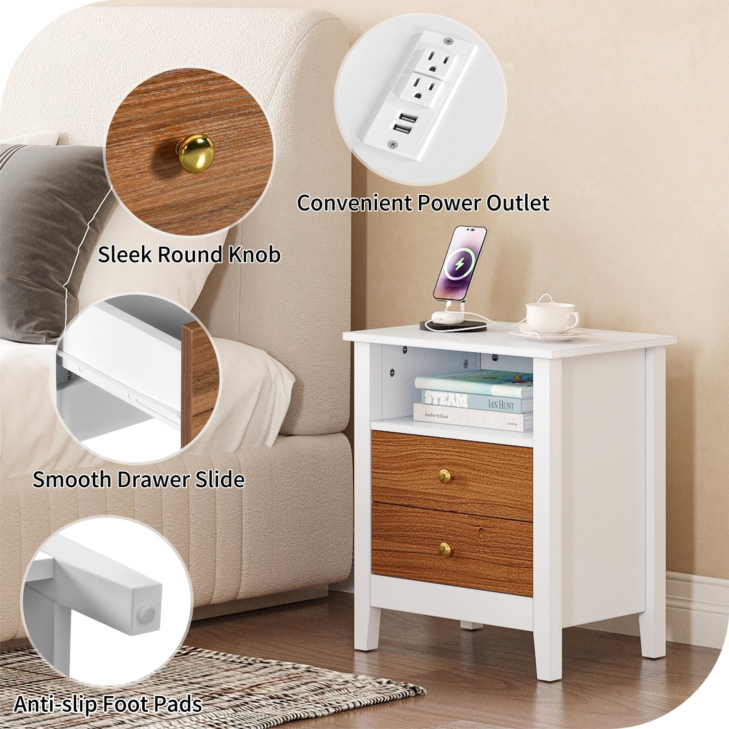 Ensemble de 2 tables de chevet avec station de recharge, table d'appoint avec 2 tiroirs, ports USB et prises, pour lit.