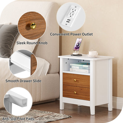 Ensemble de 2 tables de chevet avec station de recharge, table d'appoint avec 2 tiroirs, ports USB et prises, pour lit.