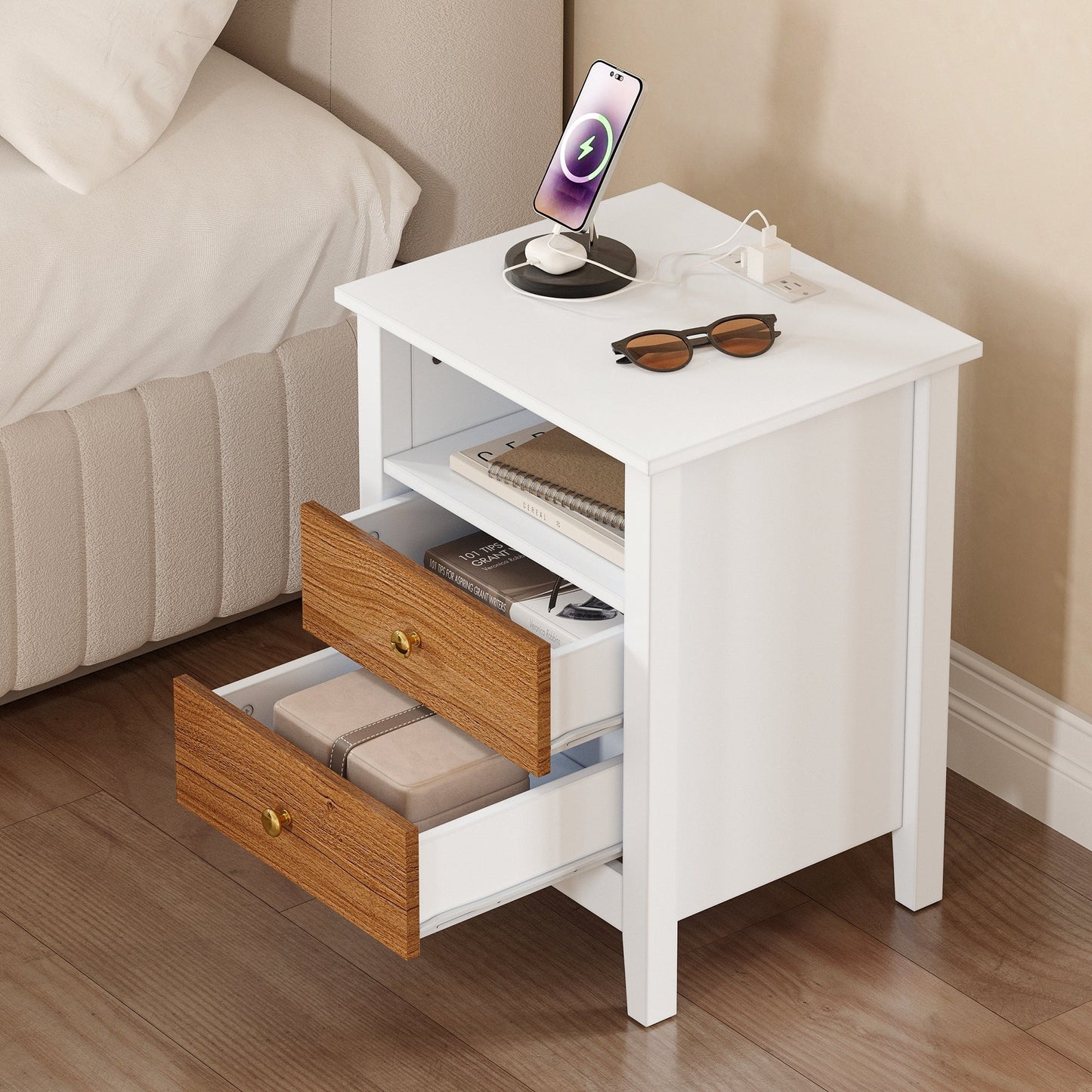 Ensemble de 2 tables de chevet avec station de recharge, table d'appoint avec 2 tiroirs, ports USB et prises, pour lit.