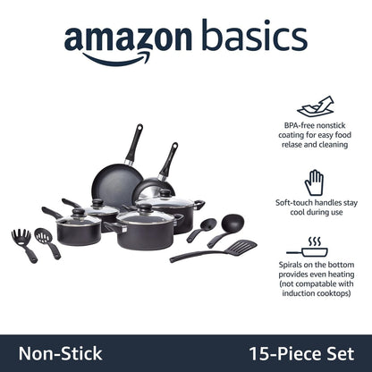 Ensemble de 15 pièces de batterie de cuisine antiadhésive, casseroles, poêles et ustensiles, noir